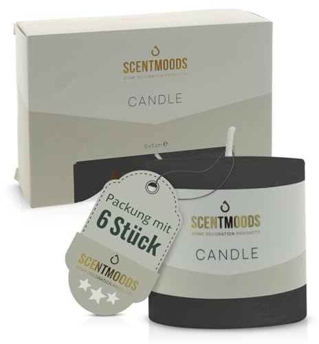 SCENTMOODS Rustik Stumpenkerzen Set - 6 Schwarze Kerzen - Lange Brenndauer | Handgefertigte Qualität, Kompakte Größe, Kompakte Größe, ohne Palmöl, Unparfümiert, Vielseitig einsetzbar