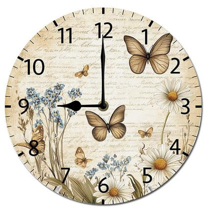 ZXCXRQFa Rustic Daisy Butterflies Wall Clock Vintage Battery Operated Silent Non Ticking Round Wooden Wall Clocks Decorative for Kitchen Living Room Bedroom Office Garden Outdoor 10 Inch