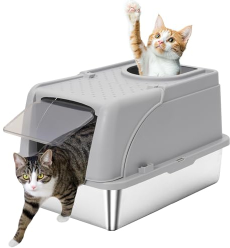 Katzenklo Edelstahl mit Deckel, XXL Katzenklo Große Katzentoilette Edelstahl aus für Große Katzen mit Hohem Rand, Metal Cat Litter Box, Nicht Klebrig (Hellgrau)