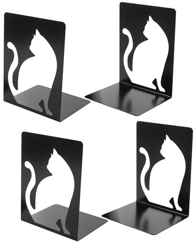 WYIPOLZI 4 Pcs/2 Pairs Cat Book Holder for Shelves, Black Bookends with White Cat Embedded Design, Book Stopper for Bookshelves Desktop, Decorative Book Organizer for Reading