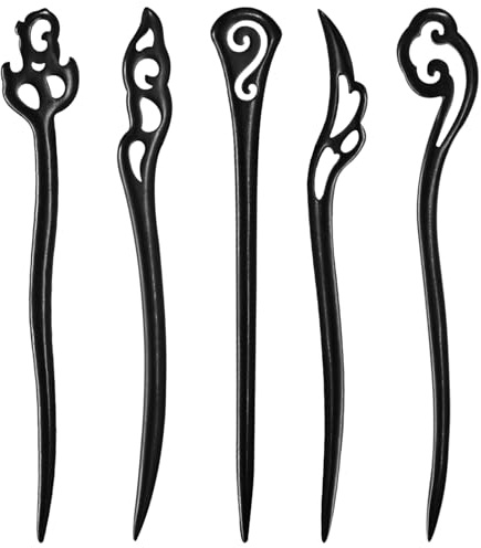 5 Piezas Palillos para El Cabello, Palillos de Pelo Chino, Palo de Pelo Madera, Palillos de Pelo Hecho Mano, Palos para el Cabello, Horquillas Talladas, Estilo Chino, para Accesorios de DIY Pelo(F) | Varillas de pelo de estilo chino, para mujer, de madera, de ébano, para mujeres, niñas (F)