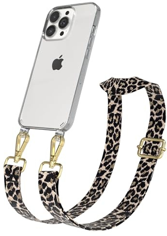 EAZY CASE Handykette - Verstellbares Taschenband kompatibel mit iPhone 13 Pro, Schulterriemen, Handykordel mit Silikon Hülle, Umhängetasche, Leo - Schwarz Beige Gold