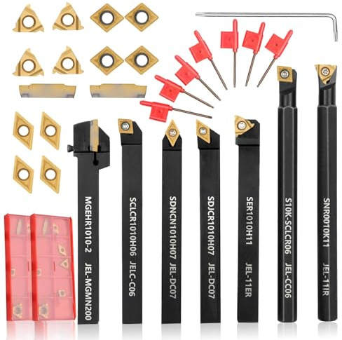 Indexable Lathe Turning Tool 21Pcs Kit 3/8'' 10mm Shank 7Pcs Metal Lathe Tools Holder Set with 14Pcs Turning Inserts