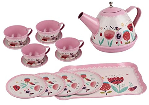 HOODANCOS 14 Pièces Thé Miniature Service à Thé et Assiettes pour Fête de Jouets Accessoires de Jeu de Simulation