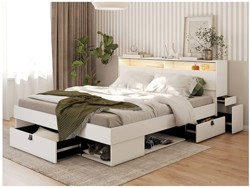 MEBLINI Funktionsbett 180x200 SMARTEE mit Lattenrost aus Holz - Schrankbett mit LED - Bett mit Stauraum - Doppelbett mit Schubladen - Stauraumbett - Bettkästen mit Aufbewahrung - Weiß/Schwarz