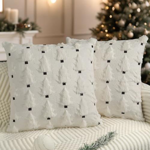 Miaikoe Weihnachtskissenbezüge 40x40 cm Set von 2 weiche Plüsch-Impost-Fell-Weihnachtsbaum-Wurfkissenbezüge für Winterferien-Xmas-Dekoration Creme Weiß