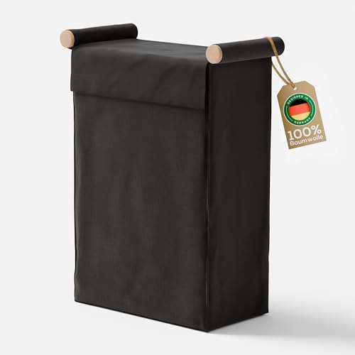 ROOMEO® Wäschekorb schmal mit Deckel, Buchenholz und Baumwolle, platzsparend modern hängend, 42L, Wäschesack abnehmbar, Wäschebox, Wäschesammler, Laundry Basket (schwarz)