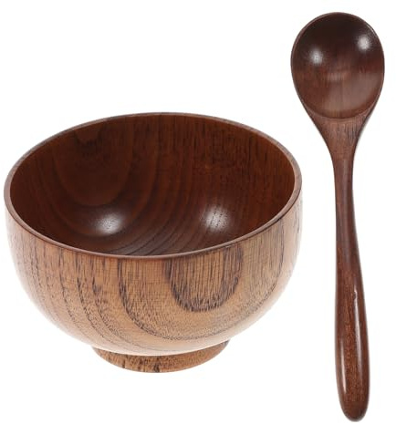 HEALLILY Ensemble Bol et Cuillère en Bois Marron 2 Pièces Maison et Restaurant, Résistant aux Fissures, Design Simple Grain de Bois Délicat et Élégant