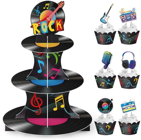 Tre piani piani piatto torta scaffale, musica torta bordo plug in, cupcake torre, ciotole da dessert, decorazione per feste di compleanno, articoli divertenti per feste di compleanno, decorazione per
