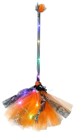 Glugahrif Escoba de bruja decorativa, con iluminación LED para cosplay, disfraz de Halloween, escoba de bruja como accesorio, para mujeres, niñas, estudiantes, casa de miedo, cementerio, fiesta, sala