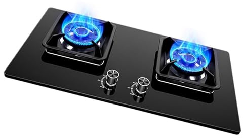 THEGA Fornello A Gas da 5,2 KW - Piano Cottura A Gas da Incasso A 2 Fuochi, Griglia per Pentole in Ghisa E Vetro Temperato, con Protezione Antispegnimento, per Cucina Domestica(NG)