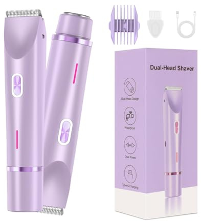 Bikini Trimmer for Women,2 in 1 Dual Head Bikini Shaver & Body Shaver,Cordless & Waterproof Electric Bikini Trimmer for Women, Painless Hair Removal with Silky Glow Finish,Purple4