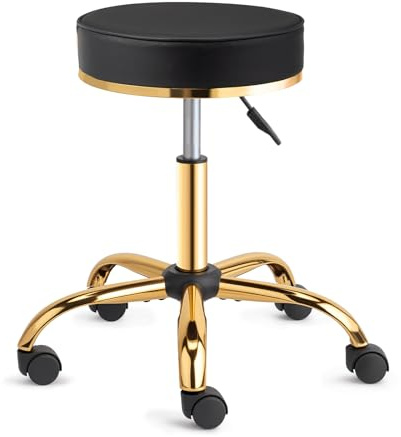 Bonnlo Rollhocker Höhenverstellbar 48-63 cm, Hocker mit Rollen 360°-Drehbar, Bürohocker 150 KG Belastbar, Drehhocker aus Halb-PU-Leder, Arbeitshocker für Salon/Büro/Bar (Schwarz-Gold, 36x36x63 cm)