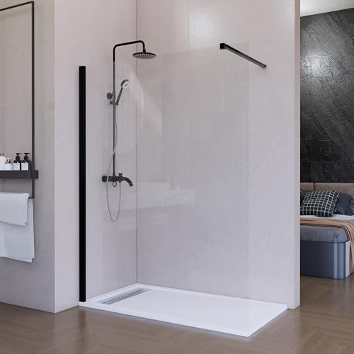 HOGAKIS Mampara de Ducha Fija Negra 100 x 200 cm, Cristal Templado Transparente 8 mm con Tratamiento Antical, Panel Walk In Reversible para Baño Moderno