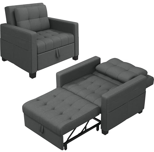 Yaheetech Divano Letto 3 in 1 Imbottito Divanetto Singolo con Schienale Regolabile Divano a 1 Posto per Soggiorno Camera da Letto Poltrona Pieghevole Ufficio Appartamento Grigio Scuro