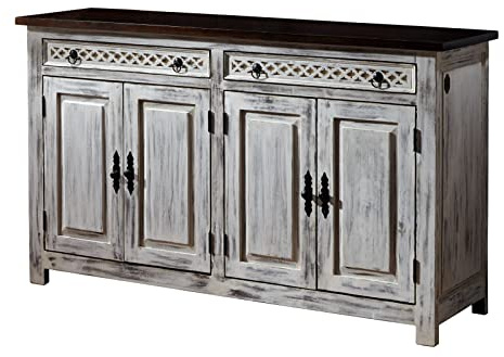 MASSIVMOEBEL24.DE | Castle-ANTIK Sideboard aus Massivholz #261 Mango- und Akazienholz - weiß, gewachst 150x45x90cm 2 Schubladen - 4 Fächer romantische Kommode Shabby Shic