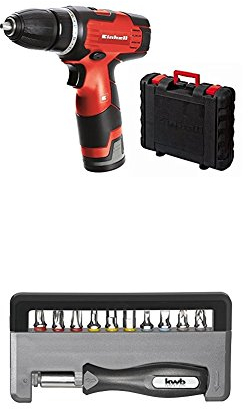 Einhell Akku Bohrschrauber TH-CD 12-2 Li (Lithium Ionen, 12 V, 1,3 Ah, 2 Gang, 24 Nm, Ladegerät, Koffer) + kwb Handy Bitbox Industrial Steel 12-teilig 151020 (PH, PZ, Hex, Schlitz, aus TQ 60 Stahl)