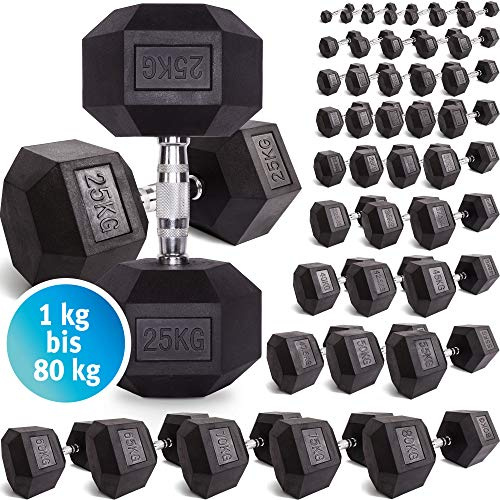 C.P. Sports Hexagon Kurzhantel Gummi 1kg - 60 kg - mit Beschichtung und ergonomischen Chrom-Griff, Kurzhantel, Kurzhantel-Set, Dumbbell, (19kg-Stück)