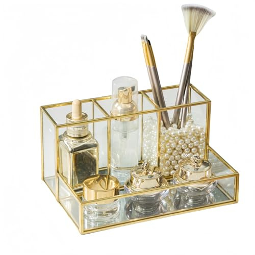 SLHEQING Make Up Organizer, Gold Pinselhalter, Schminktisch Organizer Glas Kosmetik Organizer, Skincare Organizer für Pinsel, Eyeliner, Parfüm, Lippenstift und mehr (A36)