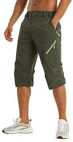 KEFITEVD Herren 3/4 Radhose MTB Hose mit Zip-Taschen Stretchbund Caprihose Outdoor Trekkinghose Schnelltrocknend Wandern Trekking Shorts Männer Dunkeloliv 34