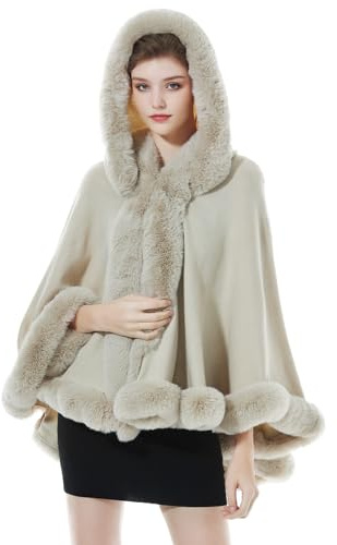BEAUTELICATE Chal Pelo Mujer Poncho Capa de Piel Sintética Mujer Estola con Capucha de Punto Lana Abrigo Boleros para Bodas Fiesta Navidad Invierno （Beige）