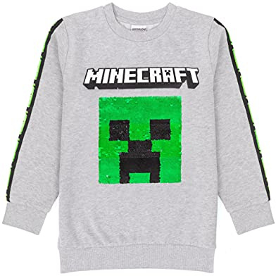 Minecraft Kinder Sweatshirt Pailletten Creeper TNT Grey Gamer Jumper Hoodie 7-8 Jahre
