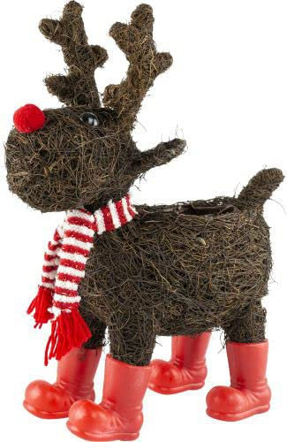 Muddy Hands Wicker Christmas Moose Planter with Scarf & Red Boots - Festive Xmas Home Reindeer Decoration Cover Plant Pot