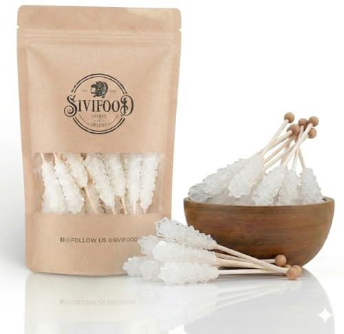 SIVIFOOD White Rock Candy Sticks Natural Pack de 25 - Bonbons de roche blanche naturelle sur un bâton pour le thé, sucre sur un bâton, bâtonnets de bonbons pour décoration, sucre cristal de Noël