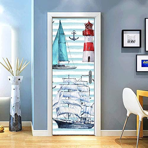 Murales Poster Per Porte 90X200Cm Ancora Del Faro Della Barca A Vela Del Fumetto Carta Da Parati Adesivo Per Porta 3D Autoadesivo Fotomurali Impermeabile Decalcomanie Famiglia Soggiorno Bagno