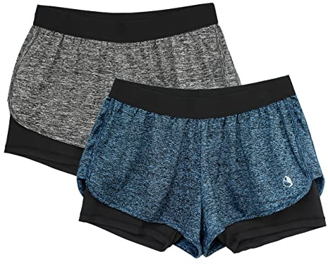 icyzone Pantaloncini Donna Sportivi,2 in 1 Shorts Donna Sportivi Elastici e ad Asciugatura Rapida per Corsa,Fitness,Yoga(Pacco da 2)(S,Grigio Scuro*/Blu Reale*)