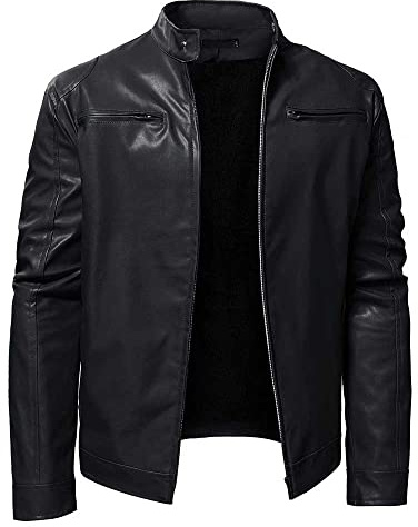YUDATPG Giacca bomber da moto in ecopelle per uomo, slim fit, morbida al tatto, colletto alla coreana, casual, chiusura a cerniera, cappotto spesso, caldo, antivento, termico in pile, Nero , L