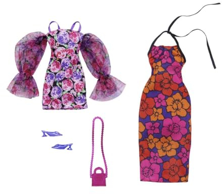 Barbie Set di vestiti, moda e accessori, confezione da 2 bambole, 2 abiti eleganti a tema floreale con pezzi per un look completo