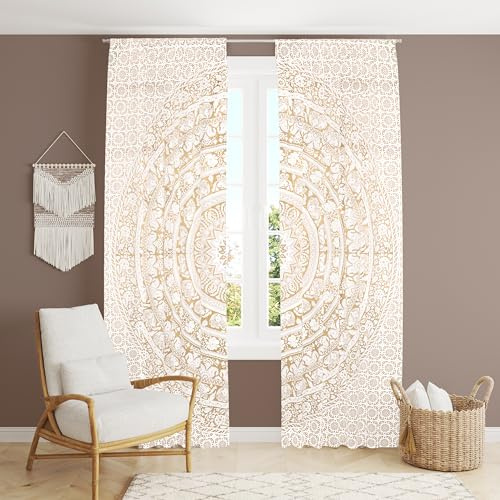 Bless International Beautiful Indian Bohemian Psychedelic Hippie Elephant Mandala Window Curtain Panels for Bedroom, Living, Balcony (White and Gold (38x83 Inches)(96x210 Cms))
