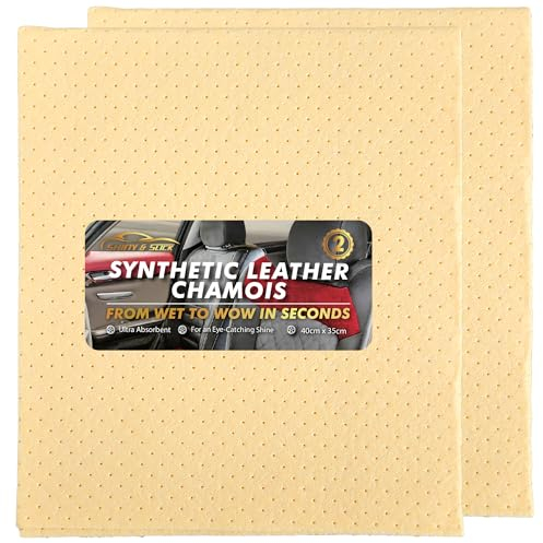 SOL 2pk Synthetic Leather Chamois, 40cm x 35cm Ultra-Absorbent Shammy Cloths for Cars, Windows. Quick-Drying, Durable, Soft Material for Streak-Free, Eye-Catching Shine, Perfect Cleaning Products