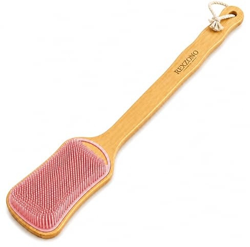 Rexzono Silicone Back Scrubber for Sensitive Skin, Exfoliating Body Scrubber, Long Handle Bath Brush, Loofah for Shower, Gentle Cleansing Scrub for Women and Men, Easy to Clean and Lather