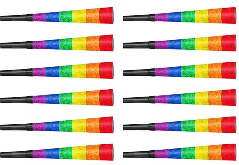 Beistle Pride Horns – 12-Pack Rainbow Party Horns With Sparkling Crinkle Film and Jumbo Black Plastic Mouthpieces for Parades, Pride Month, LGBTQ+ Events, Gay Support and Inclusive Celebrations, 9”