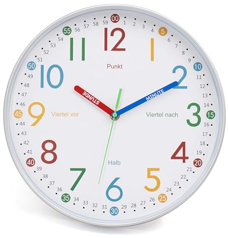 K&L Wall Art Horloge murale éducative, moderne, silencieuse, sans bruit de tic-tac, pour enfant garçon et fille, argentée, gris, 30 cm