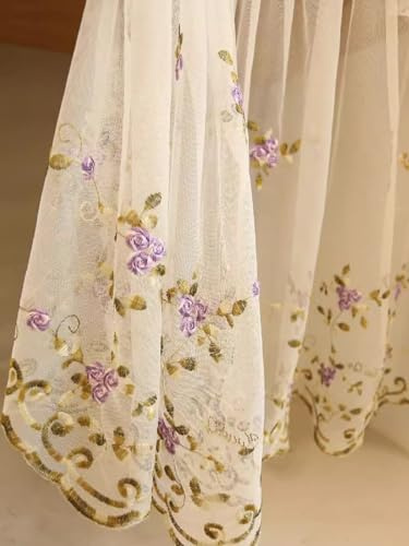 izielad Scheibengardine Voile Blumen Stickerei Lila Bistrogardine Transparente Vorhang Moderne Fenstervorhang Gardine Gaze Schals Fensterschal für Küche Wohnzimmer Landhaus BxH 200x55cm