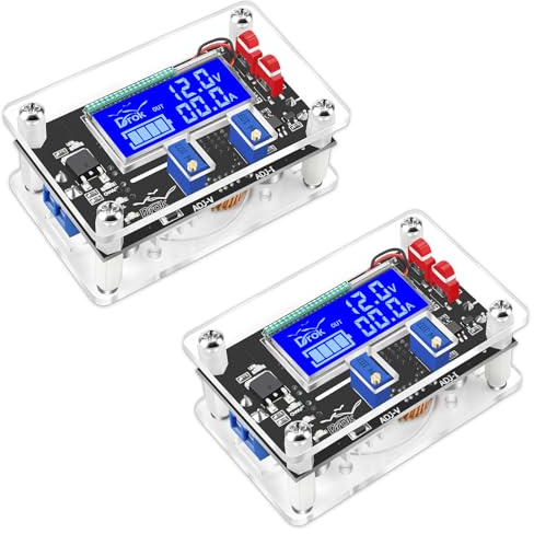 DROK DC Adjustable Buck Converter 2pcs, 24v to 12v Step Down Converter Voltage Regulator 6V-32V to 1.5-32V 5V 5A LCD Power Supply Volt Reducer Step Down Transformer with USB Port and Protective Case