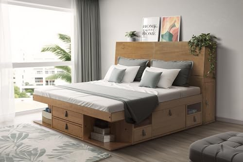 Memomad Bett mit Stauraum 180x200 + Funktions-Kopfteil + Lattenrost: Set Bali Oak. Doppelbett und Kopfteil aus massiv Holz Kiefer mit viel Stauraum und Bettkasten