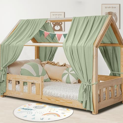 Hausbett Himmel Deko Set, Betthimmel Hausbett aus Musselin - 2 Betthimmel & 1 Wimpelkette, für Jungen Mädchen Deko für Kinderzimmer, Baldachin Kinderzimmer Deko I 135 x 320cm Khaki