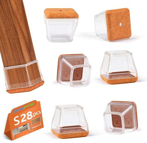 28 Pezzi Feltrini per Sedie Quadrati, Gommini Per Sedie in Silicone con Feltro, Elastiche Protezione per Gambe Delle Sedie per Antigraffio (Fit:23-29mm)