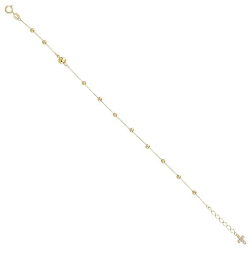 JC Schmuck Echt 585 Gold Damen Kreuz Armband mit Zirkonia Steine Goldarmband Länge verstellbar bis 19 cm Armkette Kugelarmband Rosenkranz Gelbgold Schmuck Made in Germany I 8660