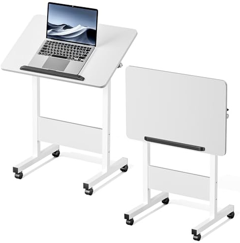 Warmiehomy Height Adjustable Table with Wheels, 60x40x65-87cm, White | Rolling Laptop Table with 90° Tilting Desktop. Mobile Overbed Table for Bed and Sofa. Foldable Desk for Home Office.