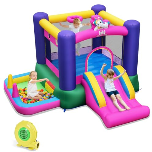 BOUNTECH Inflatable Bounce House with Ball Pit, Bouncy House for Kids Indoor Outdoor w/Basketball Hoop, 480w Blower, Mini Bounce House with Slide for Boys Girls Backyard Birthday Party Gifts