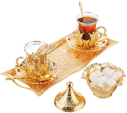 DEMMEX Türkisches Tee- und Kaffeeservice-Set für 2, 2 Gläser, Metall-Glashalter, Untertassen, Löffel, Zuckerdose mit Deckel und Tablett, graviert, 30,5 x 10,2 cm (Zamak-Metall, Gold)