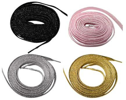 XDGBGFN 4 par glitter skosnören 10 mm breda platta skosnören guld- och silverglänsande skosnören svarta och vita skosnören för sportskor 120 cm