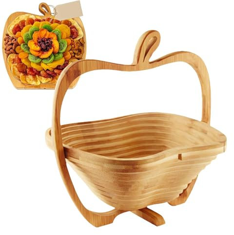 Foldable Bamboo Fruit Basket Stand for Kitchen Countertop, Collapsible Fruit Holder Bread Nuts Baskets Candy Gifts Fruit Bowl Holder Wooden Snack Box for Kitchen Table Home Storage and Display