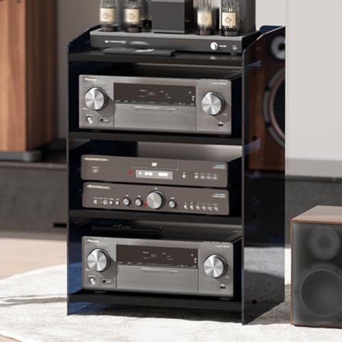 RENLXFI Audio Rack HiFi Regal Acryl-Medienständer, Verstellbar, 4-stufiges Verstärkerregal, Vertikaler Sound-Equipment-Schrank Für Plattenspieler, Stereo-Player, Drucker, Modernes Eckregal(Black)
