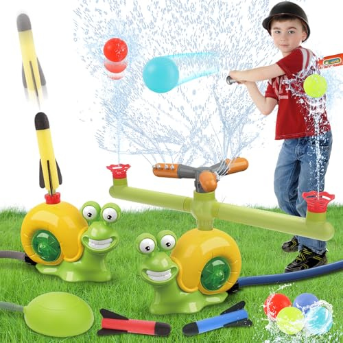 deAO 4-IN-1 Trädgårdsleksak med vattensprutfunktion och skum: Baseball raketstart med 360° snigelsprinkler, 3 munstycken och 3 raketer – sommarvattenleksak för trädgård, pool, strand från 3+ år